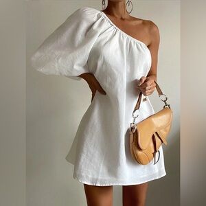White One-Shoulder Puff Sleeve Dress